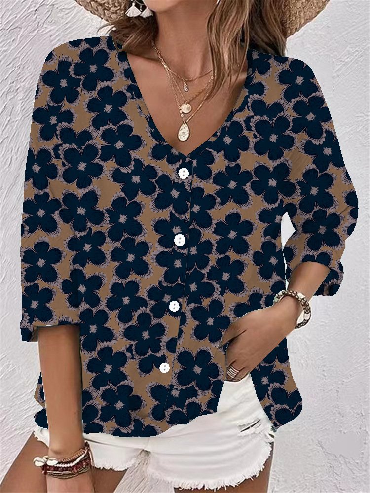 Loose V Neck Long Sleeve Geometric Floral Fashion Mid-Long Shirt