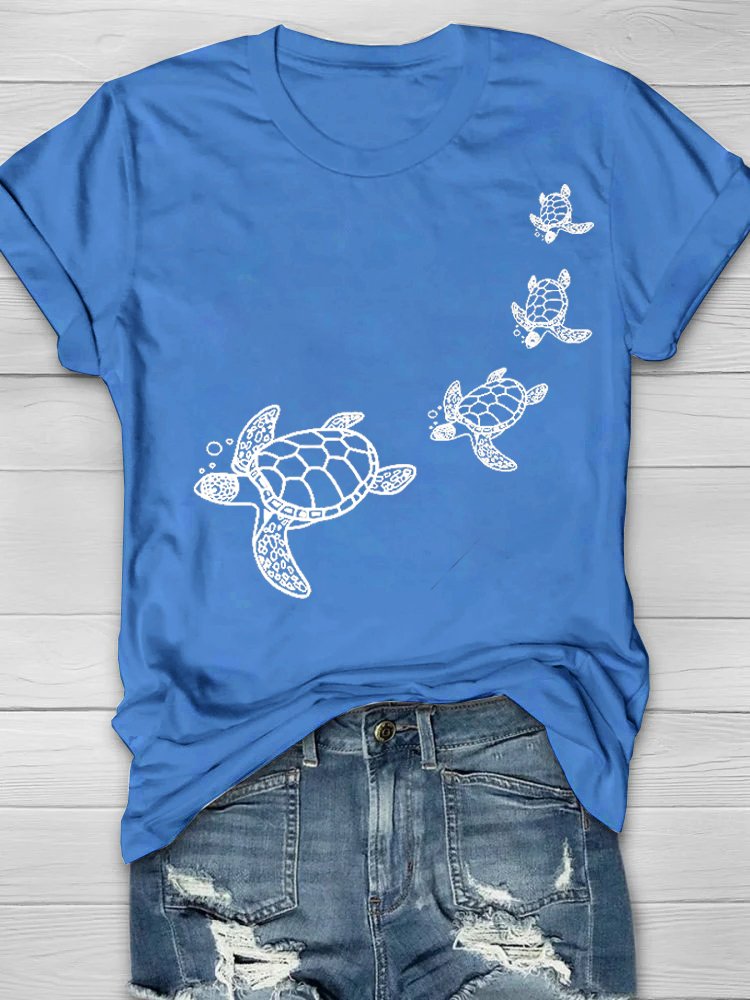 Fashion Short Sleeve Crew Neck Turtle Loose Regular T-Shirt