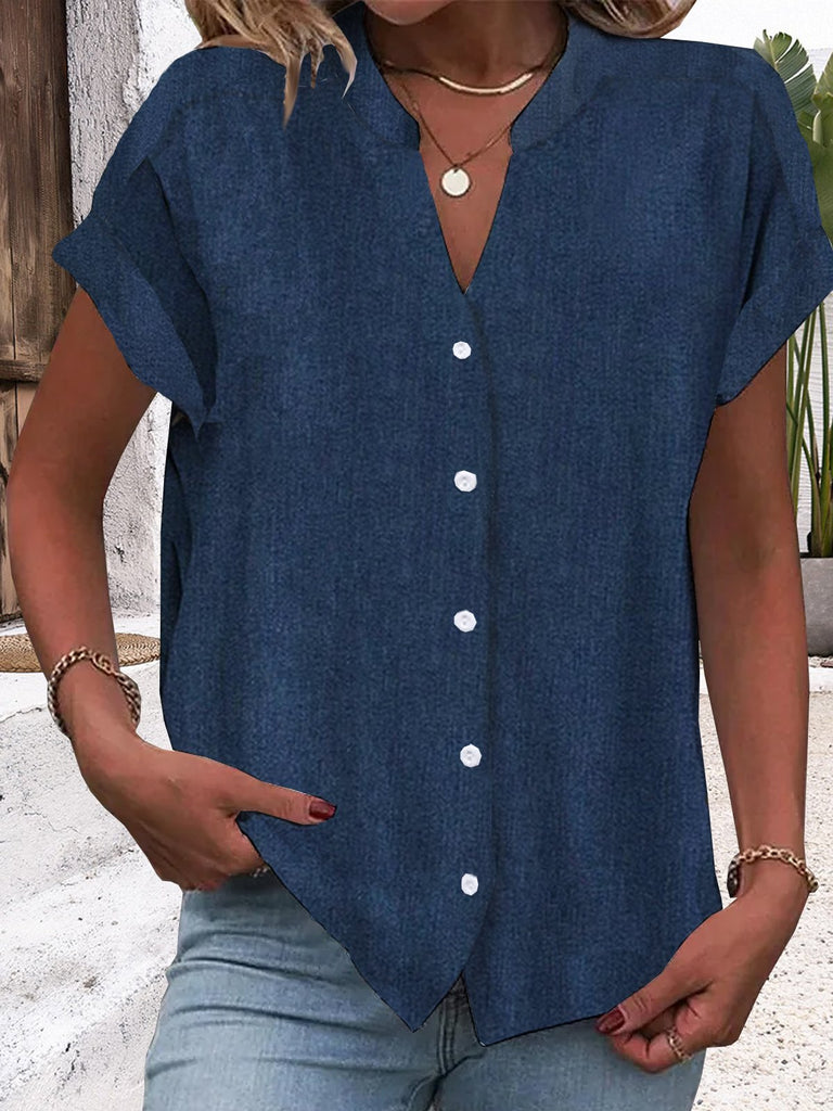 V Neck Short Sleeve Plain Fashion Regular Shirt