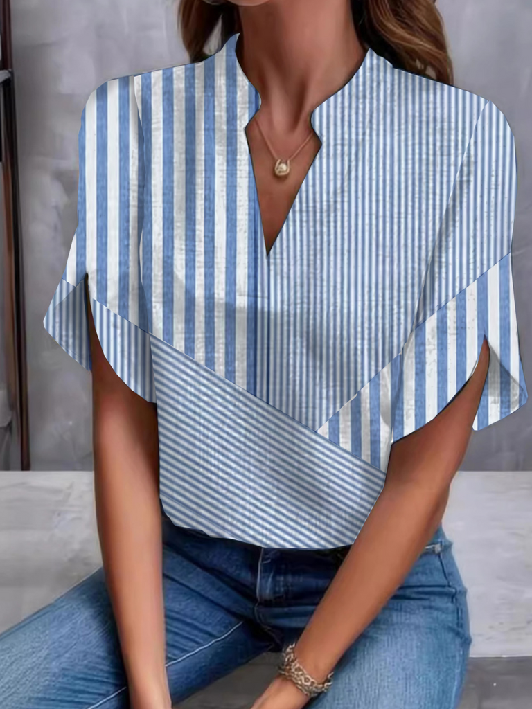 Fashion Half Sleeve V Neck Striped Split Joint Loose Regular Blouse