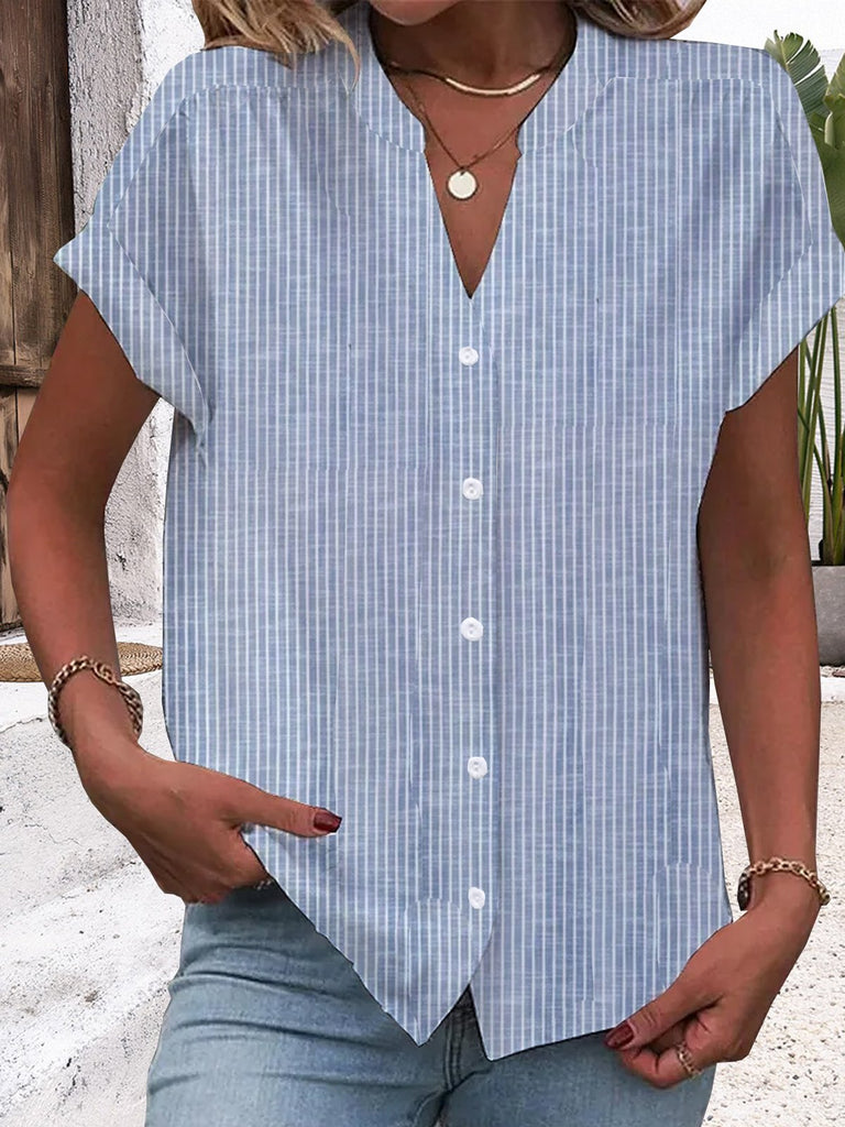 Fashion V Neck Short Sleeve Striped Loose Regular Shirt