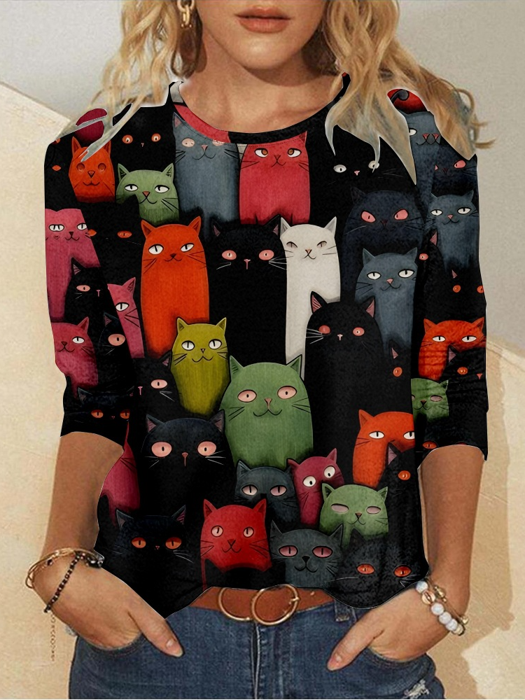 Fashion Crew Neck Long Sleeve Cat Regular Blouses