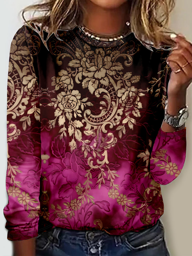 Fashion Crew Neck Long Sleeve Ethnic Casual Regular T-Shirt
