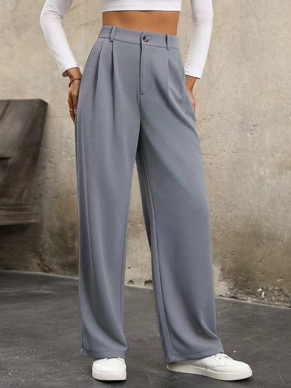Fashion Plain Buckle Loose Long Pants