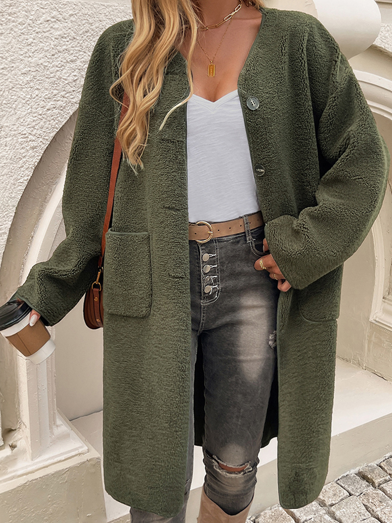 Loose Crew Neck Long Sleeve Plain Fashion Mid-Long Jacket
