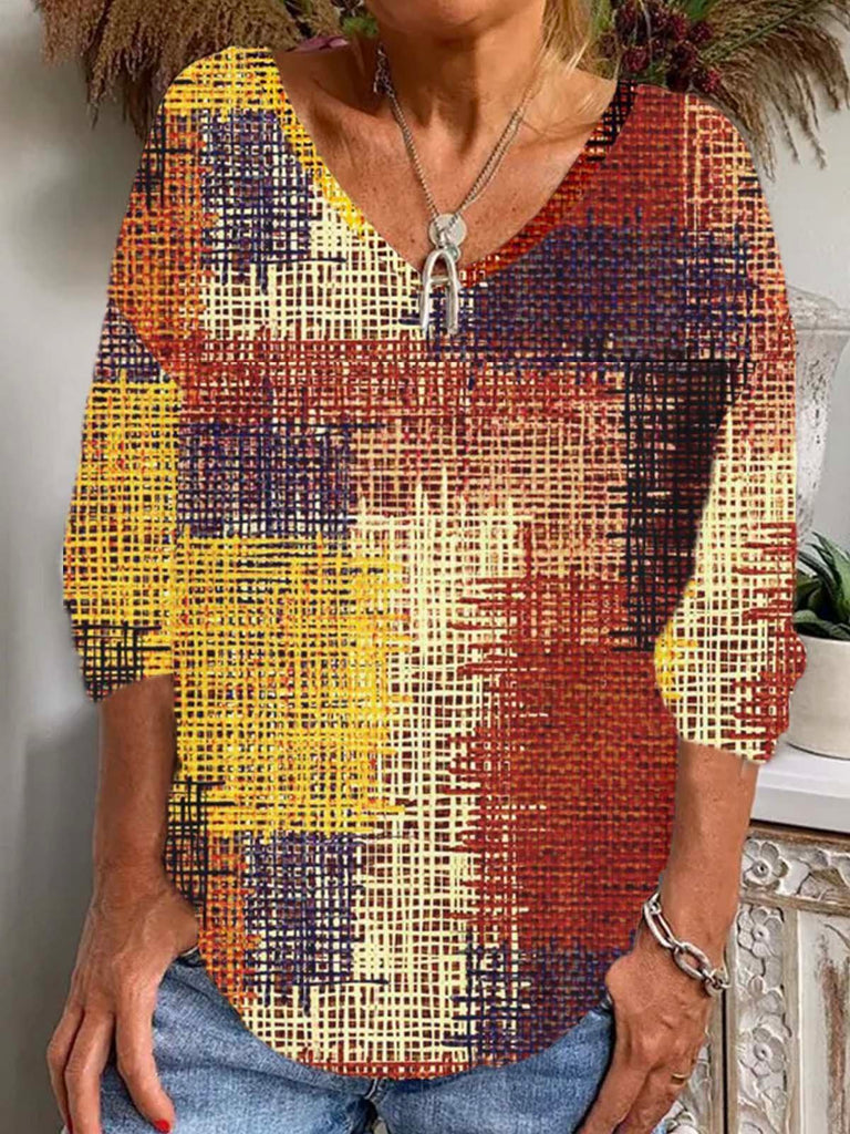 Casual V Neck Long Sleeve Geometric Fashion Regular T-Shirt