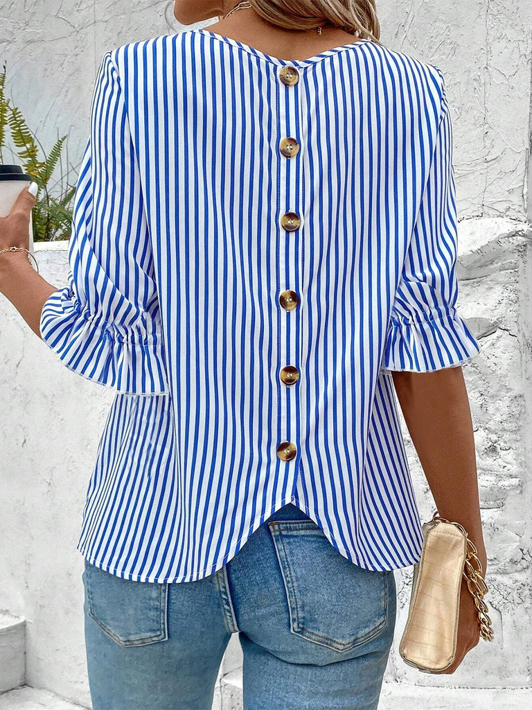 Simple Half Sleeve Crew Neck Striped Loose Regular Blouses