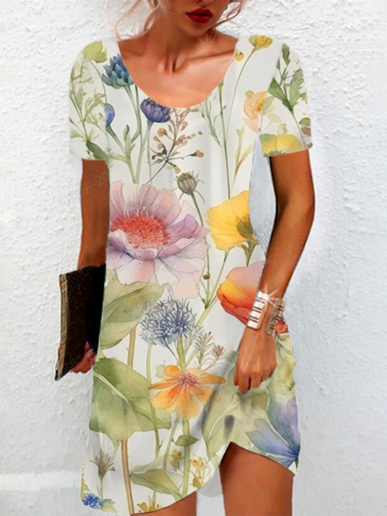 Fashion Short Sleeve Crew Neck Floral Loose Short Dress