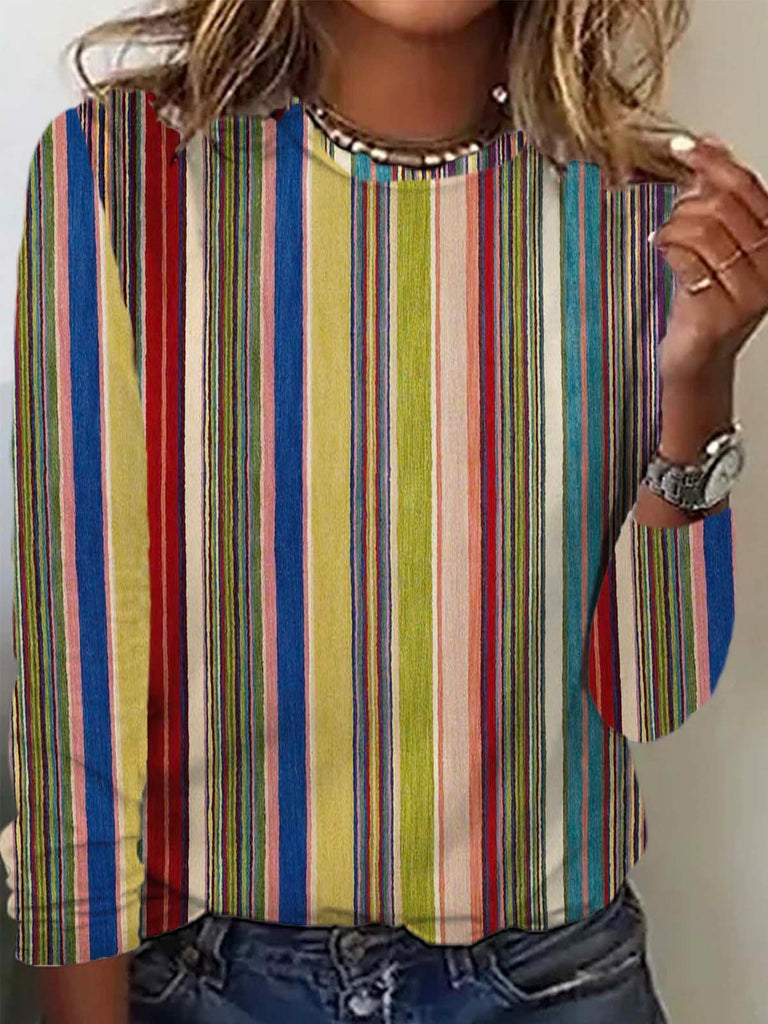 Fashion Crew Neck Long Sleeve Striped Loose Regular T-Shirt