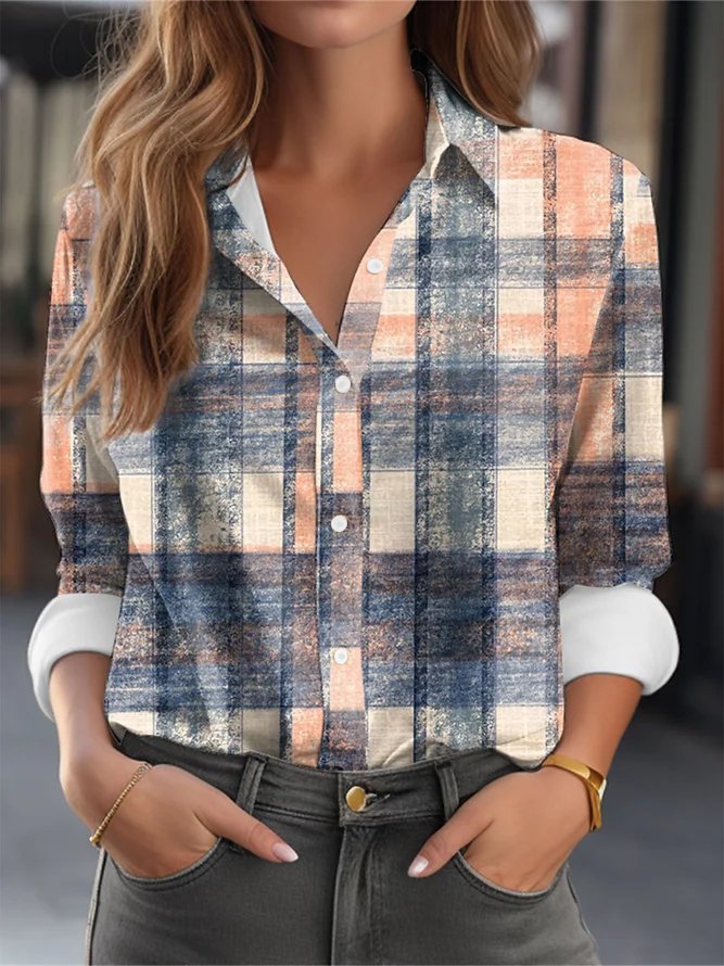 Vintage Long Sleeve Shirt Collar Plaid Loose Regular Shirt