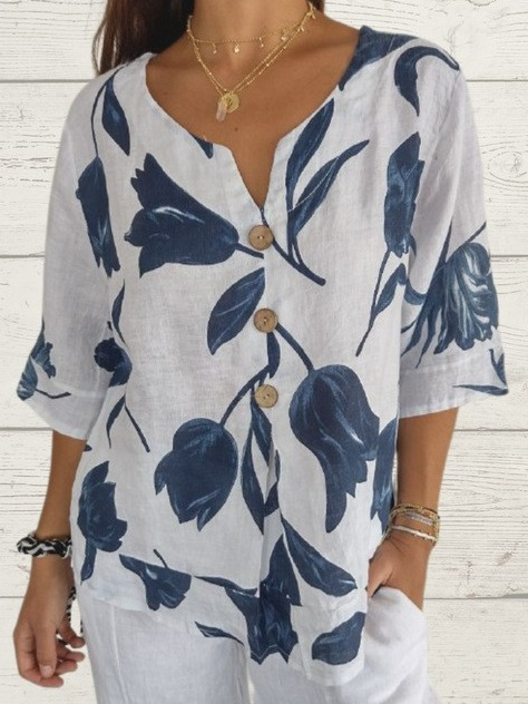 Fashion 3/4 Sleeve Crew Neck Floral Loose Regular Blouse
