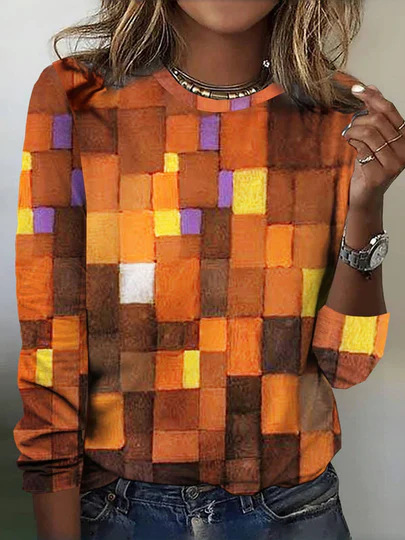 Fashion Crew Neck Long Sleeve Geometric Casual Regular T-Shirt