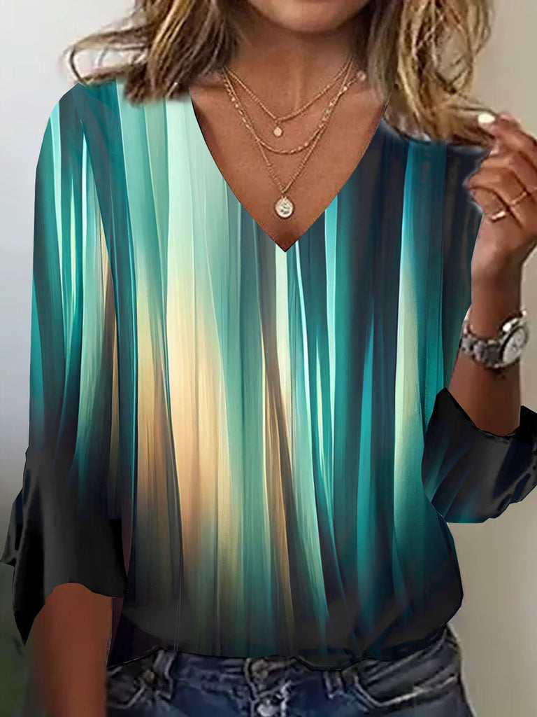 Casual 3/4 Sleeve V Neck Abstract Fashion Regular T-Shirt
