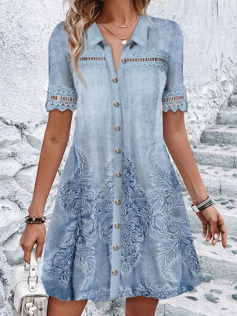 Fashion Short Sleeve Shirt Collar Ethnic Loose Short Dress