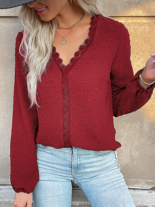 Fashion V Neck Long Sleeve Plain Loose Regular Blouse