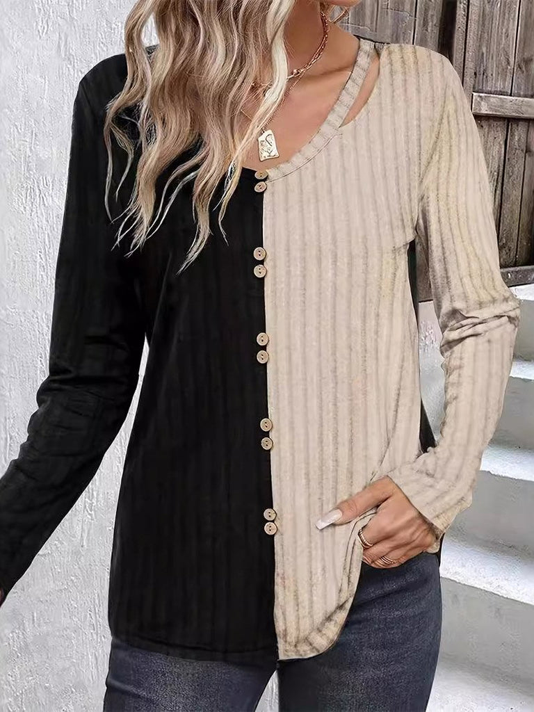 Fashion V Neck Long Sleeve Color Block Loose Regular Blouse