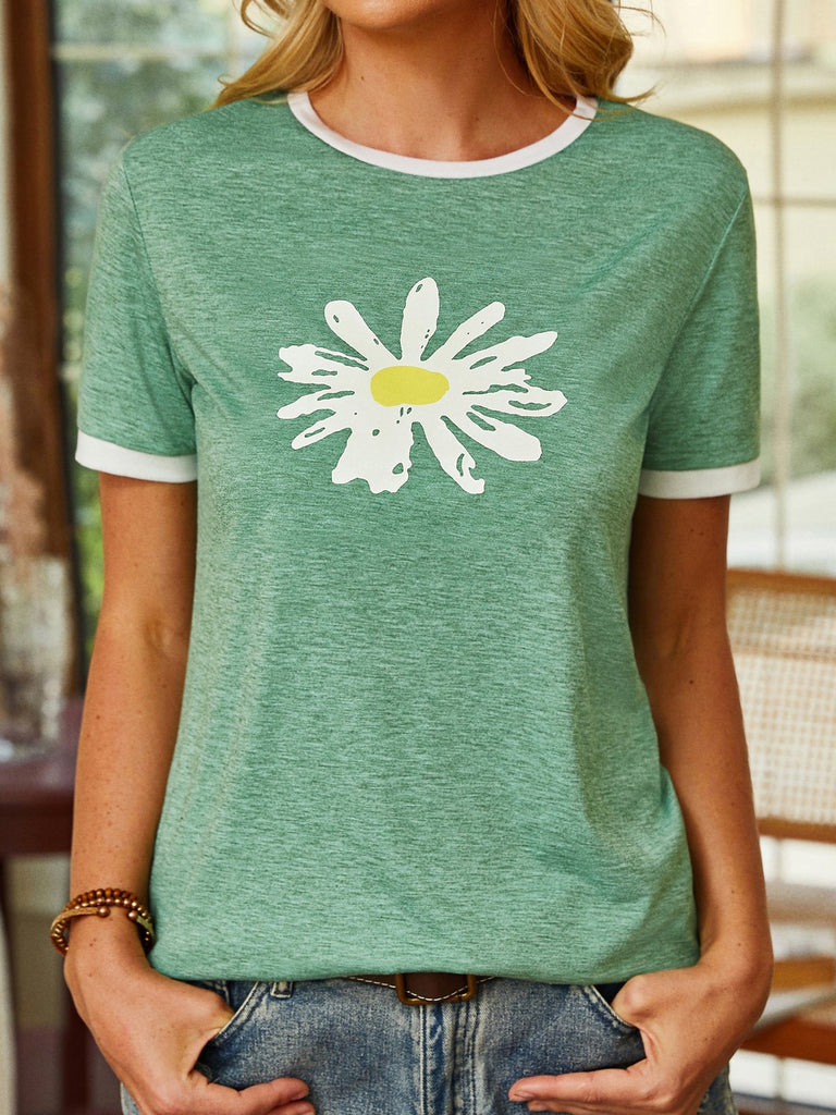 Loose Crew Neck Short Sleeve Floral Fashion Regular T-Shirt