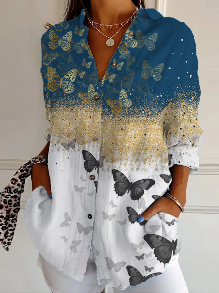Fashion Long Sleeve Shirt Collar Ombre Loose Regular Shirt