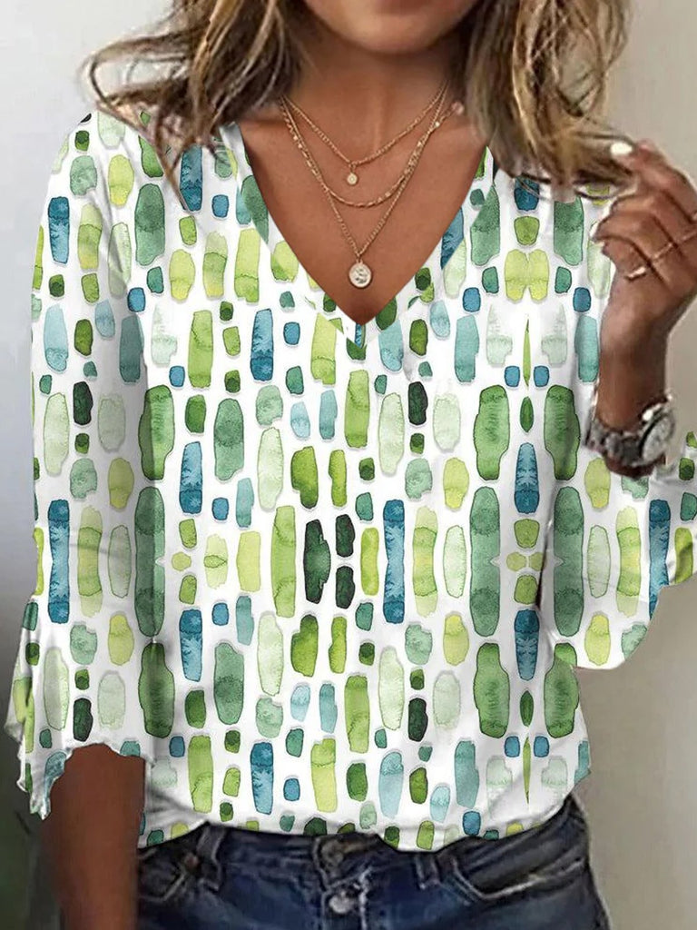 Fashion 3/4 Sleeve V Neck Abstract Geometry Casual Regular T-Shirt
