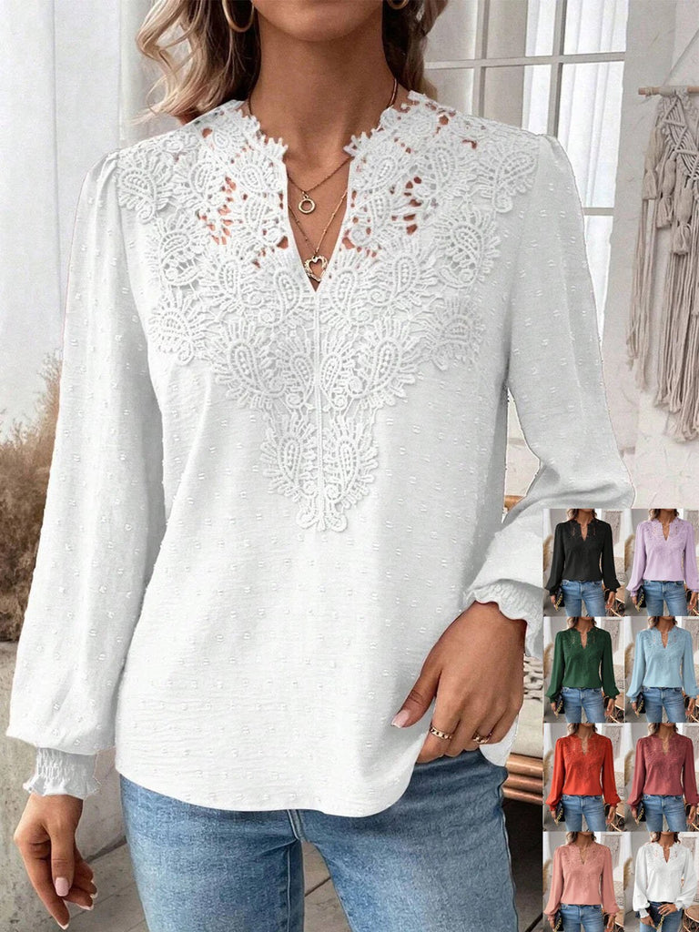 V Neck Long Sleeve Plain Fashion Regular Blouse