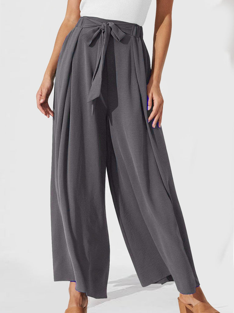Fashion Plain Knot Front Loose Ankle Pants