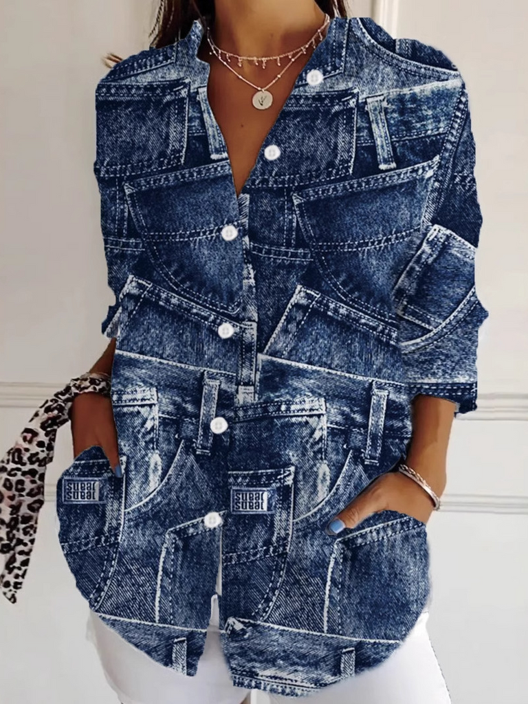 Fashion Long Sleeve Shirt Collar Geometric Floral Loose Regular Shirt
