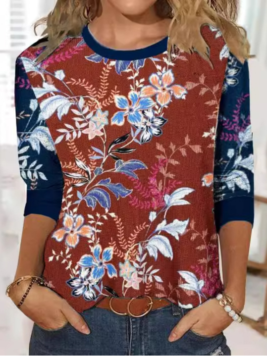 Fashion Crew Neck Long Sleeve Floral Casual Regular T-Shirt