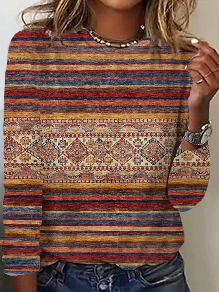 Crew Neck Long Sleeve Ethnic Casual Regular T-Shirt