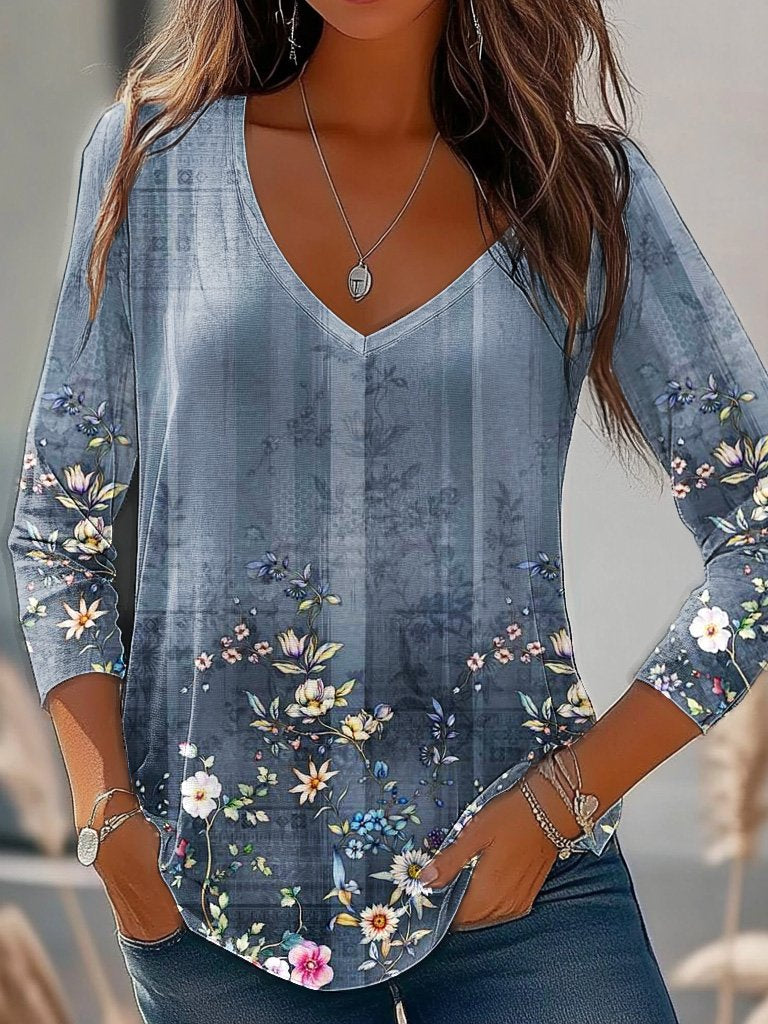 V Neck Long Sleeve Floral Casual Regular Blouses
