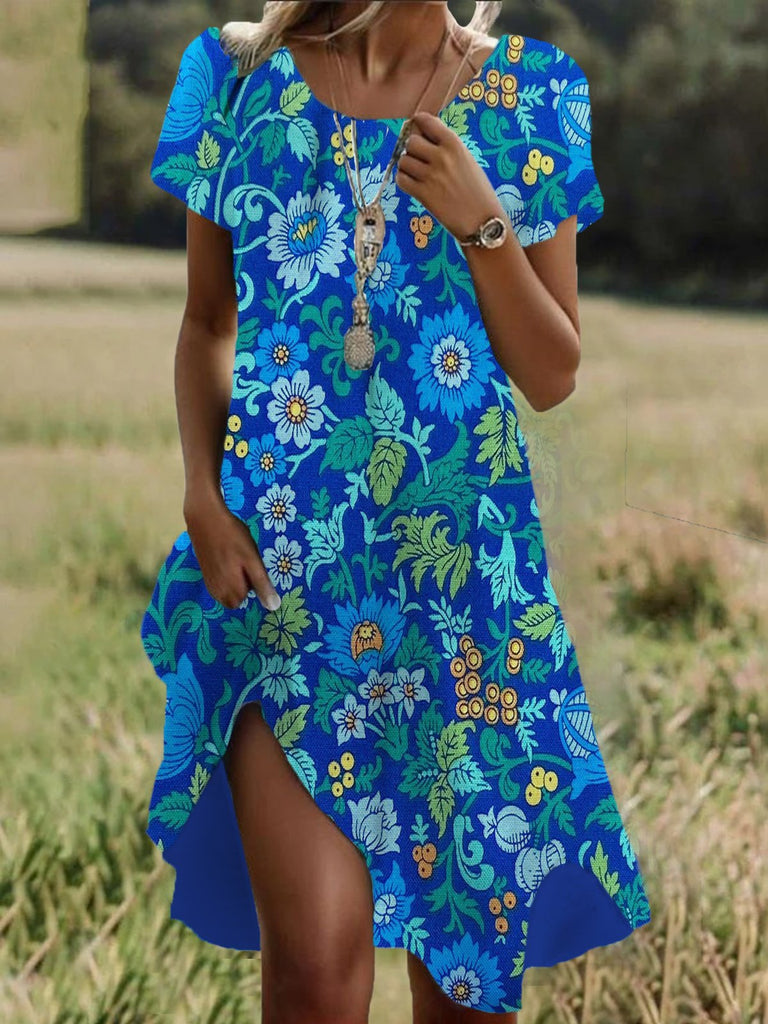 Fashion Short Sleeve Crew Neck Floral Loose Short Dress