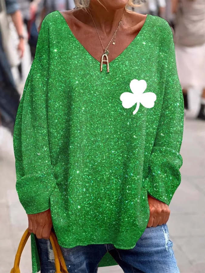 Loose V Neck Long Sleeve Ethnic Floral Fashion Mid-Long Sweatshirt