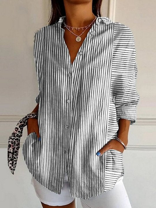Fashion Long Sleeve Shirt Collar Striped Floral Loose Regular Shirt