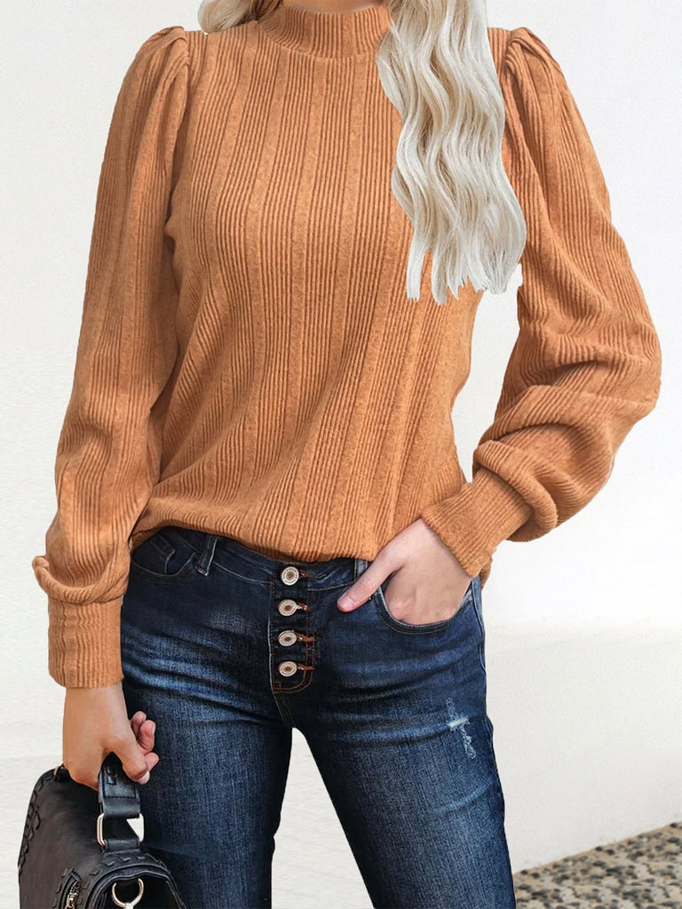 Loose Long Sleeve Mock Neck Plain Fashion Regular Blouse