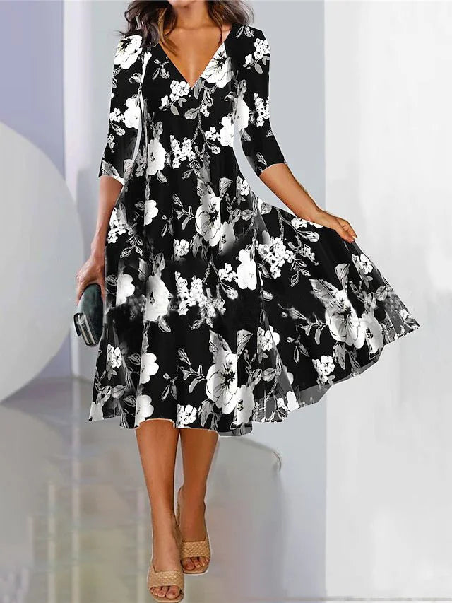 Fashion 3/4 Sleeve V Neck Floral Loose Midi Dress