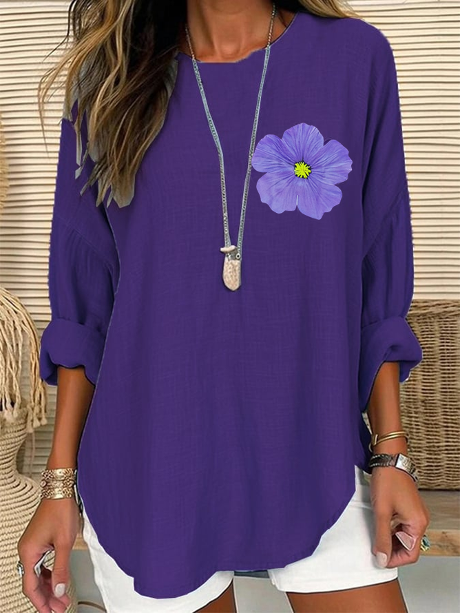 Loose Crew Neck Long Sleeve Floral Fashion Regular Blouses