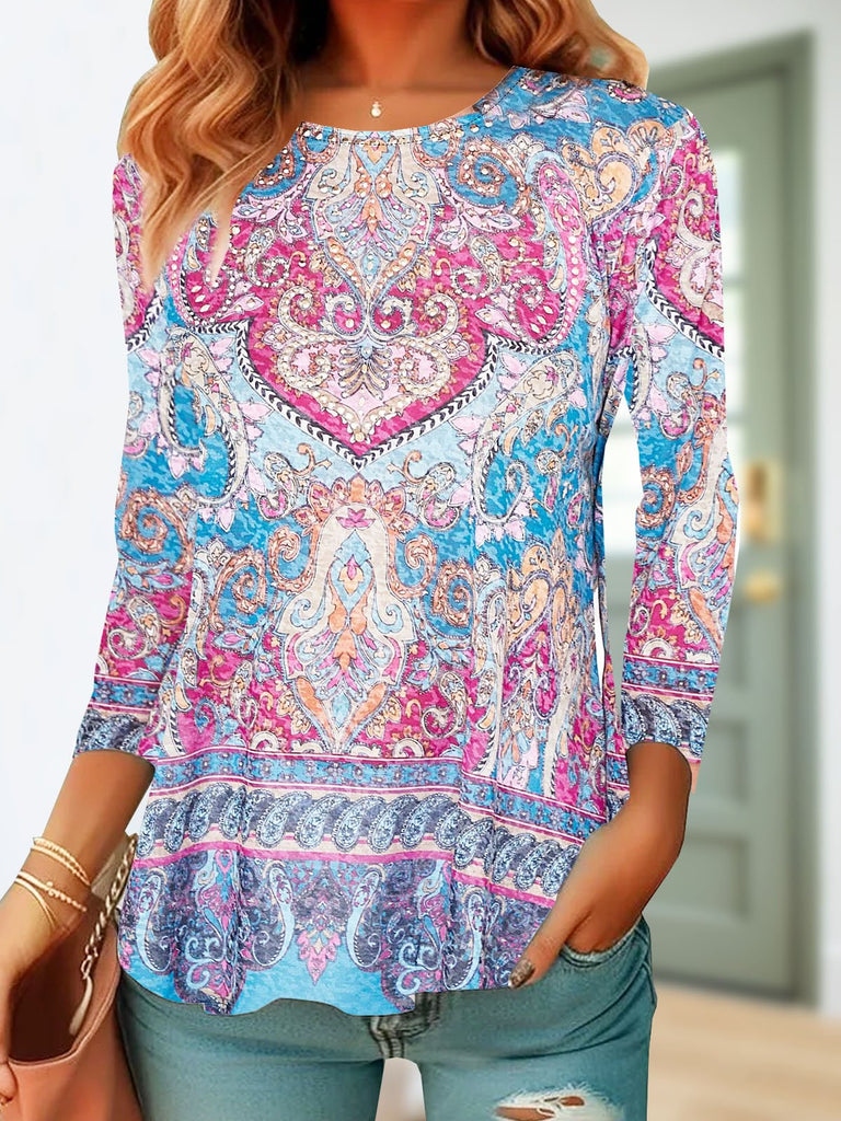 Fashion Crew Neck Long Sleeve Ethnic Casual Regular T-Shirt