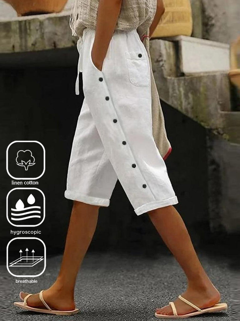 Fashion Plain Buckle Pocket Stitching Loose Capris Pants