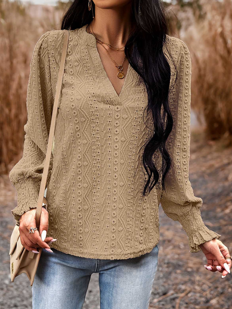 Fashion Long Sleeve Notched Plain Loose Regular Blouse