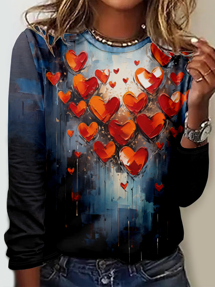 Fashion Crew Neck Long Sleeve Heart/Cordate Casual Regular T-Shirt