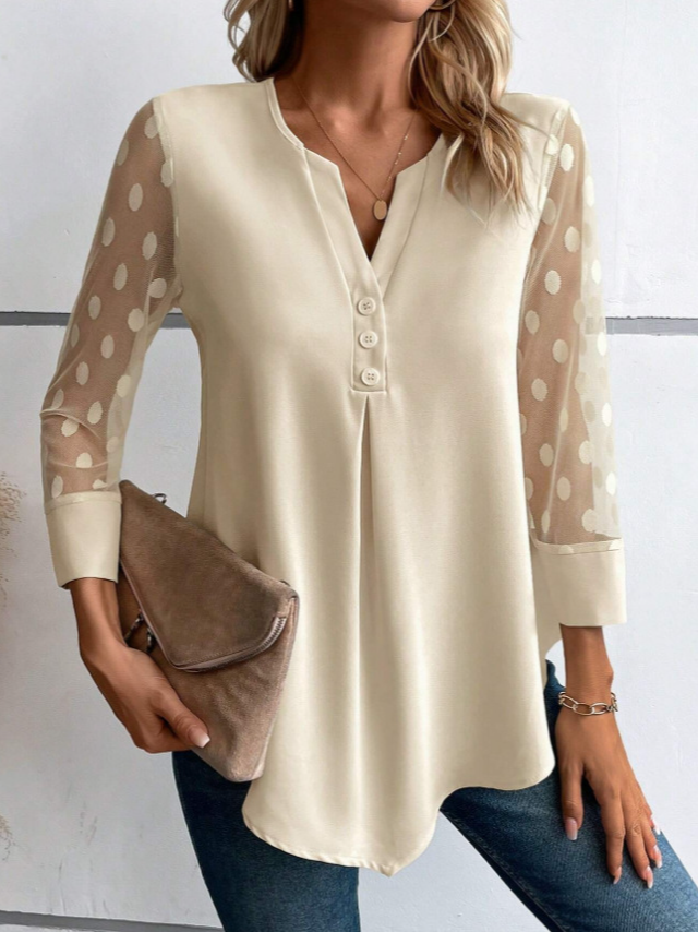 Fashion Long Sleeve Notched Plain Loose Regular Blouse