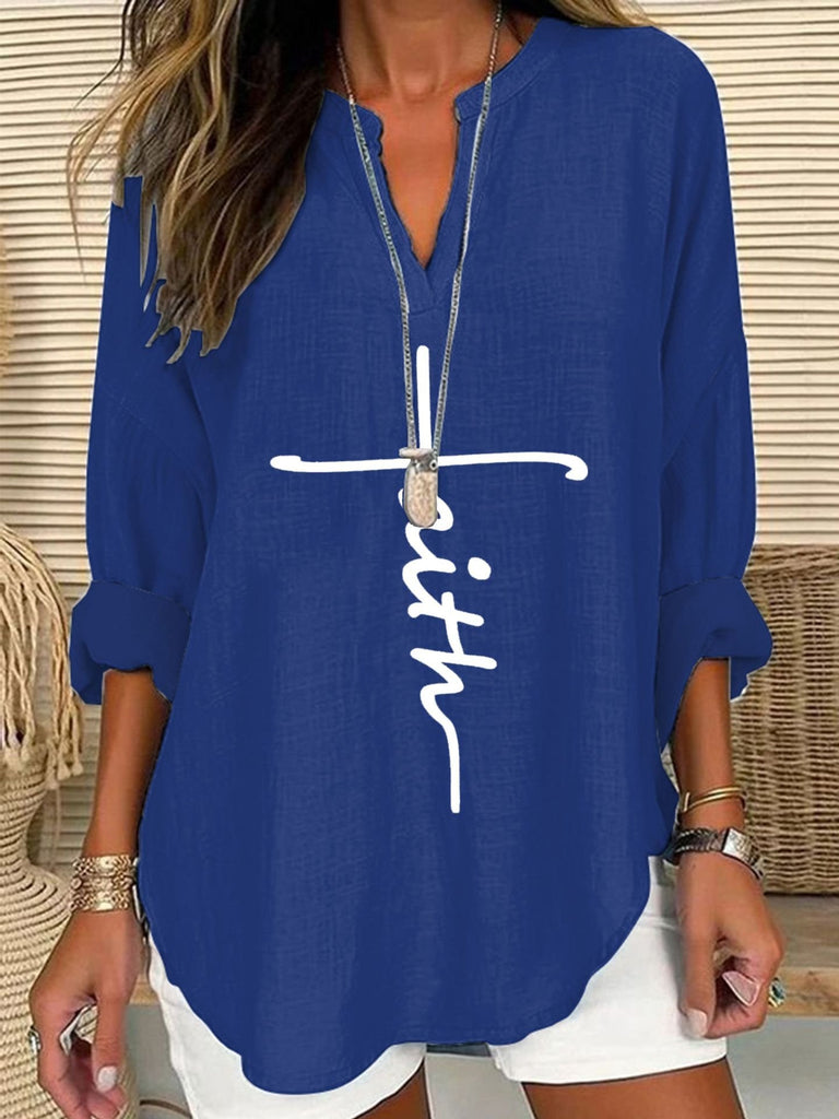 Fashion 3/4 Sleeve Notched Letter Pattern Loose Regular Blouse