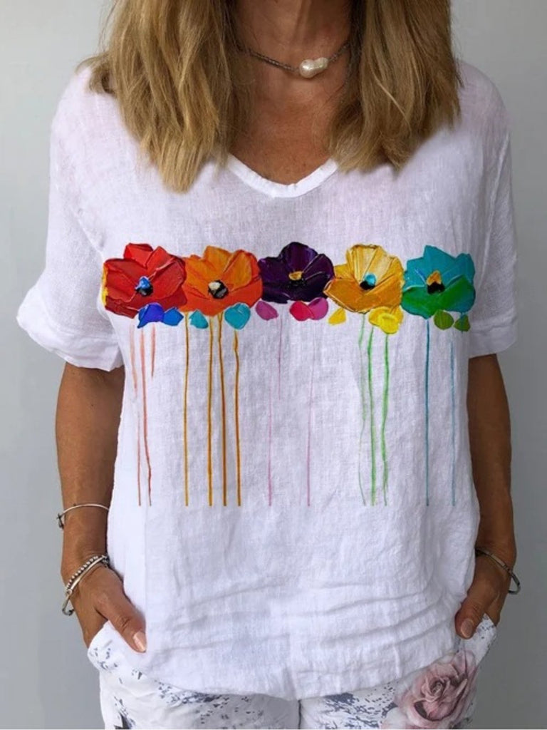 Loose V Neck Short Sleeve Floral Fashion Regular Blouse