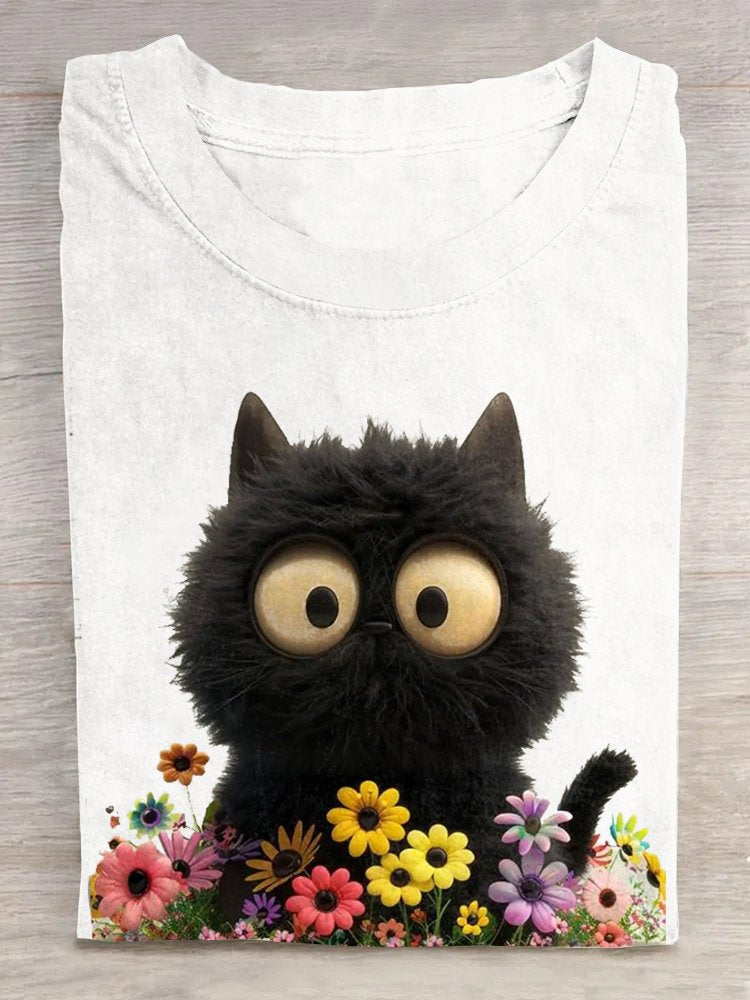 Casual Short Sleeve Crew Neck Cat Floral Fashion Regular T-Shirt