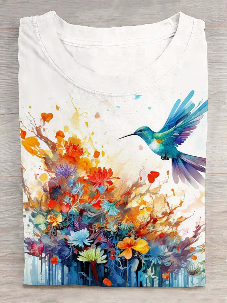 Casual Short Sleeve Crew Neck Floral Bird Fashion Regular T-Shirt
