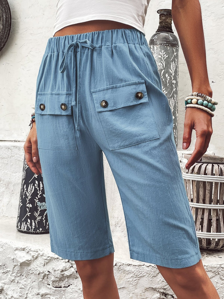 Fashion Plain Pocket Stitching Loose Fifth Pants