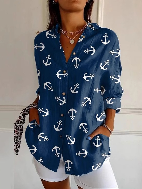 Fashion Long Sleeve Shirt Collar Geometric Floral Loose Regular Shirt