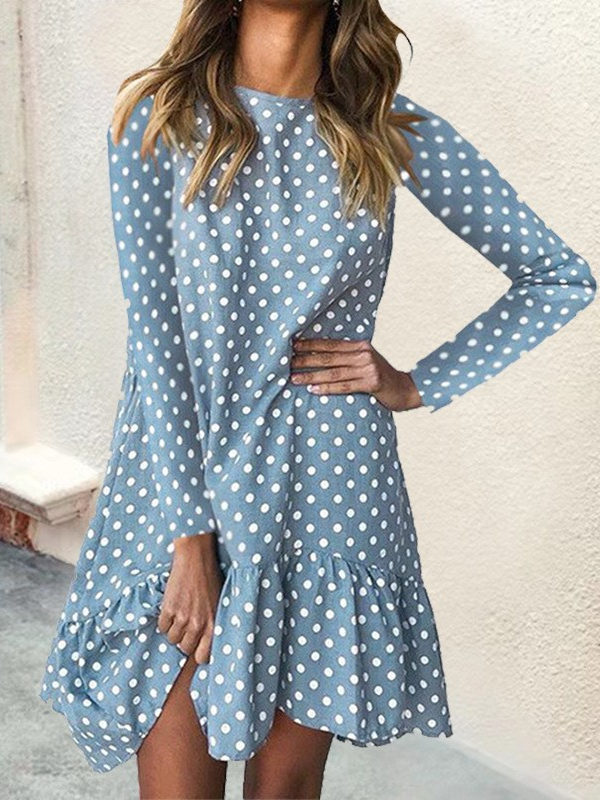Fashion Long Sleeve Turtleneck Polka Dots Loose Midi Dress