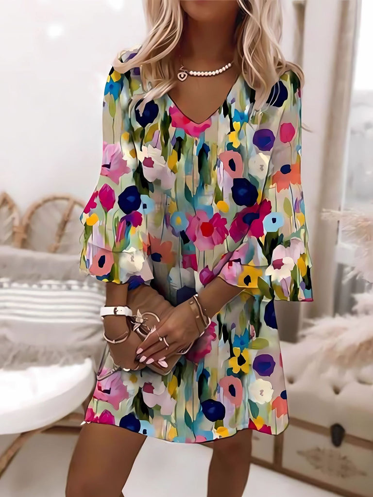 Fashion 3/4 Sleeve V Neck Floral Midi Dress