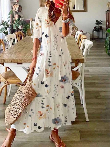 Fashion 3/4 Sleeve V Neck Floral Maxi Dress