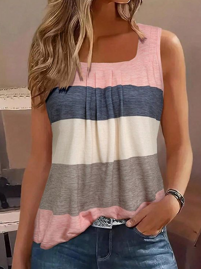 Fashion Sleeveless Square Neck Multicolor Block Loose Regular Tank Top